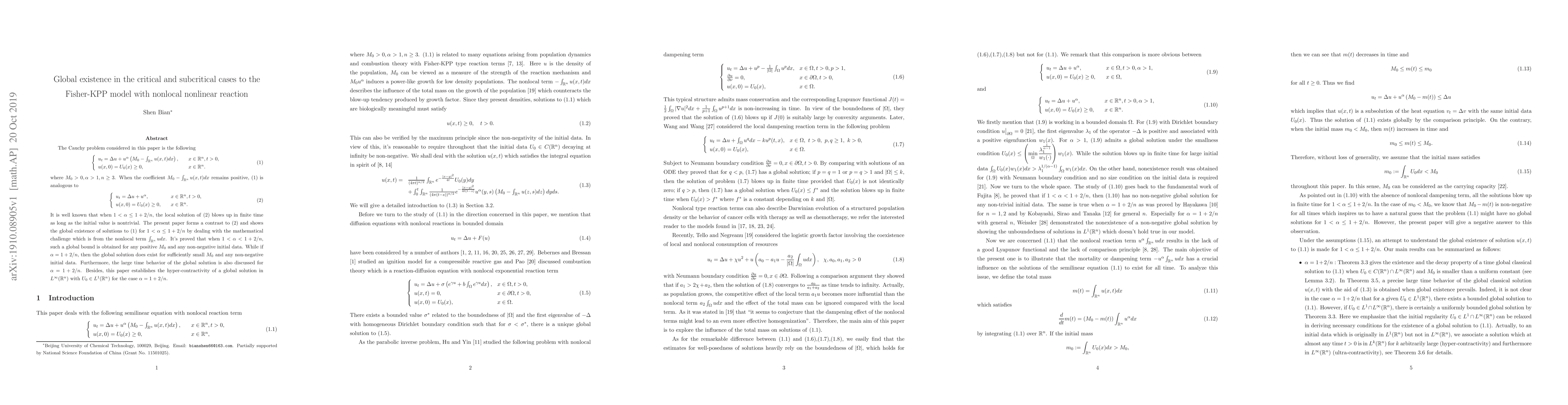 Thumbnail for Global existence in the critical and subcritical cases to the Fisher-KPP
  model with nonlocal nonlinear reaction