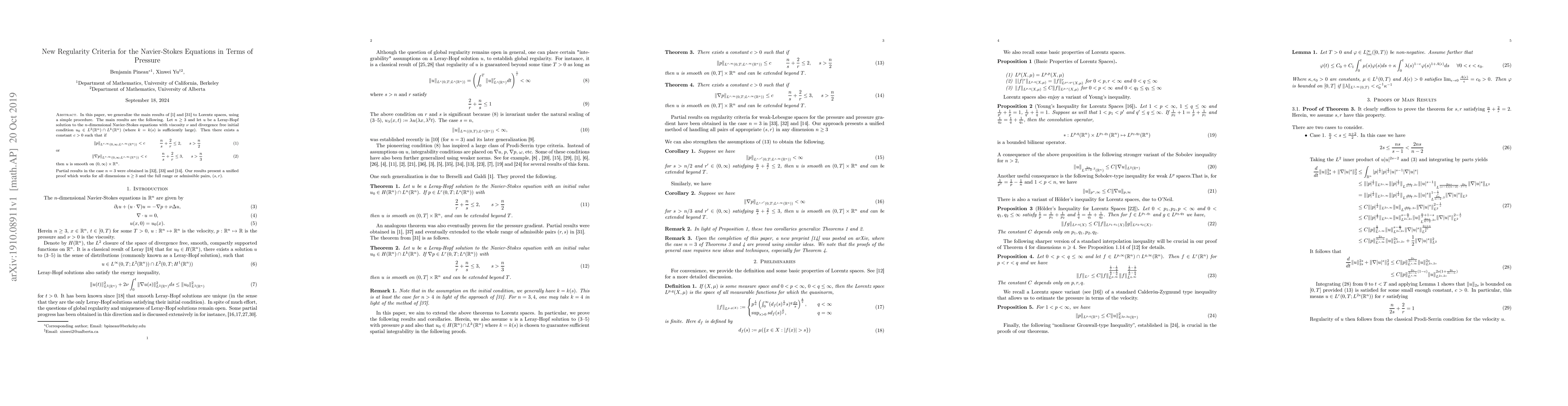 Thumbnail for New Regularity Criteria for the Navier-Stokes Equations in Terms of
  Pressure