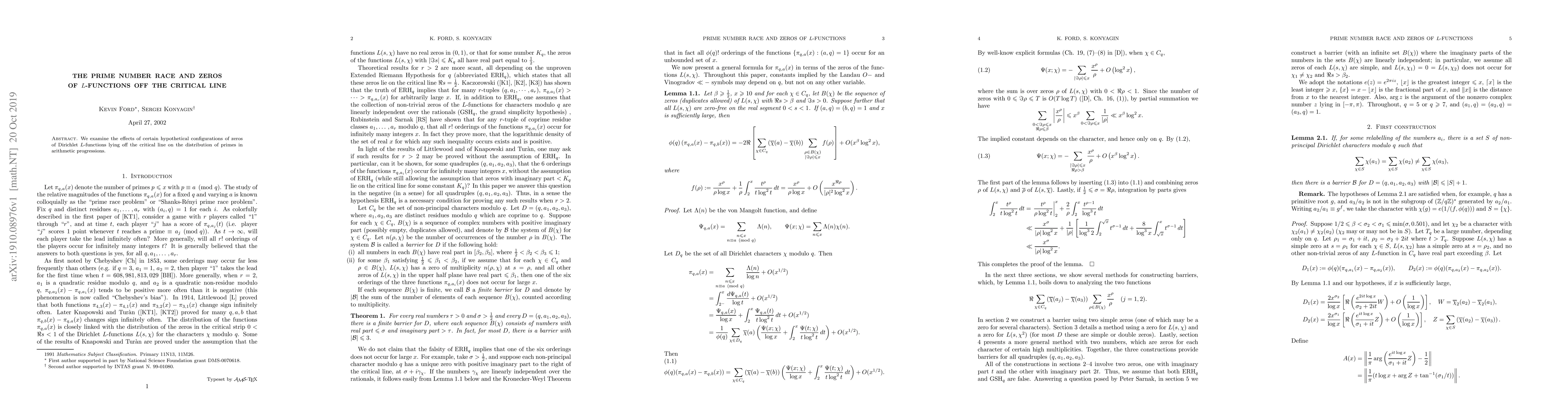 Thumbnail for The prime number race and zeros of Dirichlet L-functions off the
  critical line