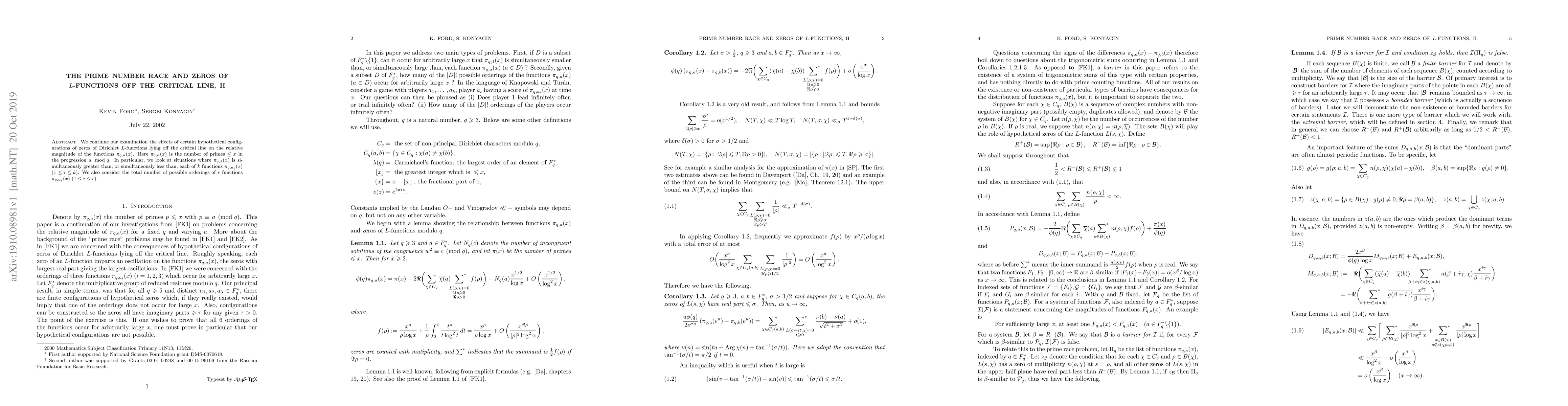 Thumbnail for The prime number race and zeros of Dirichlet L-functions off the
  critical line, II
