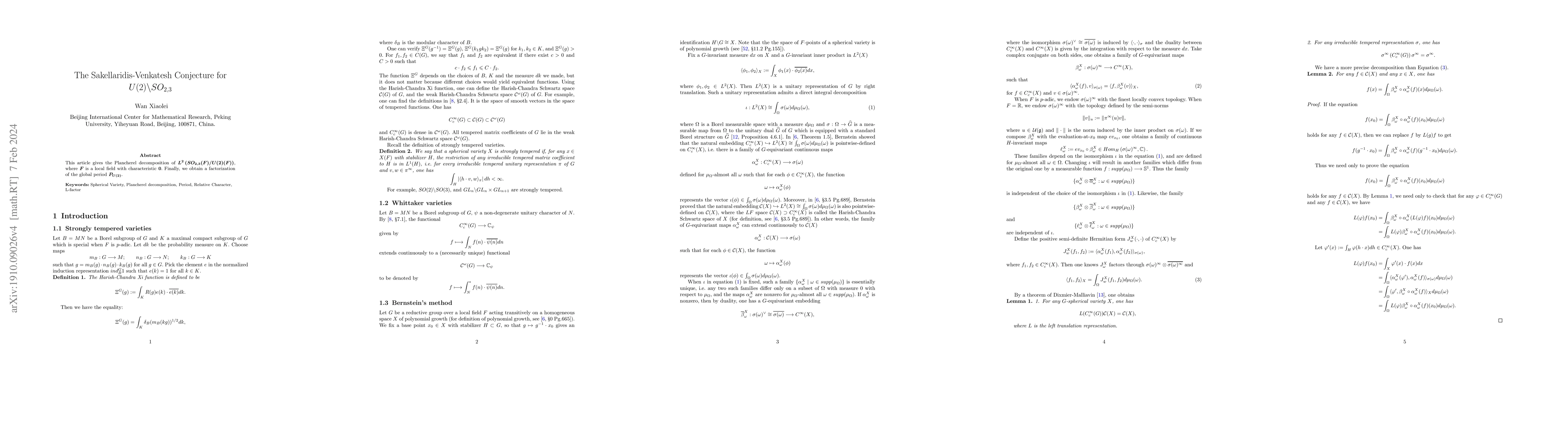 Thumbnail for The Sakellaridis-Venkatesh Conjecture for $ U(2)\backslash SO_{2,3}$