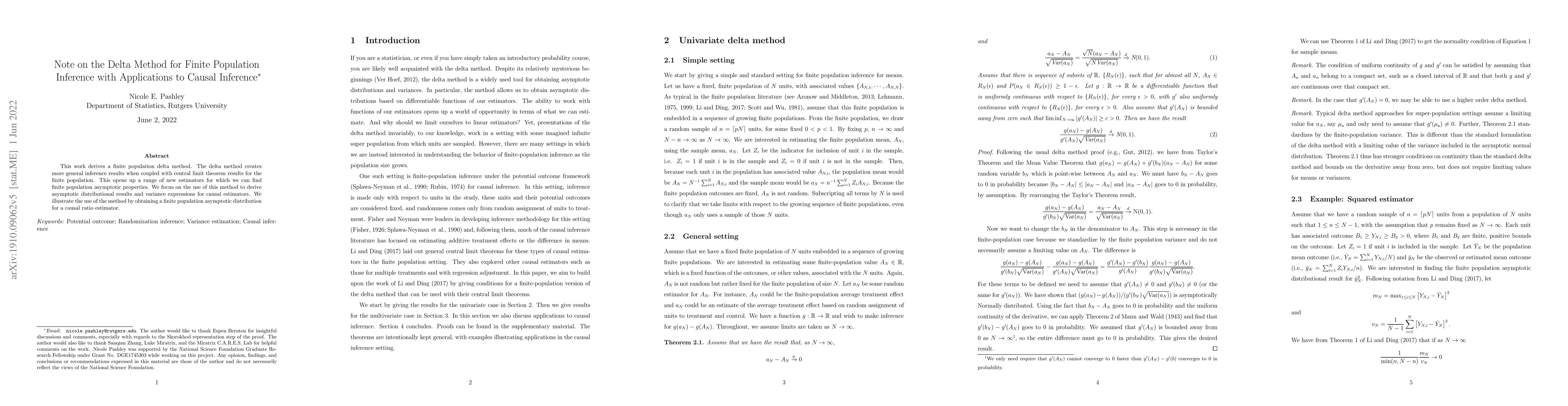 Thumbnail for Note on the Delta Method for Finite Population Inference with
  Applications to Causal Inference