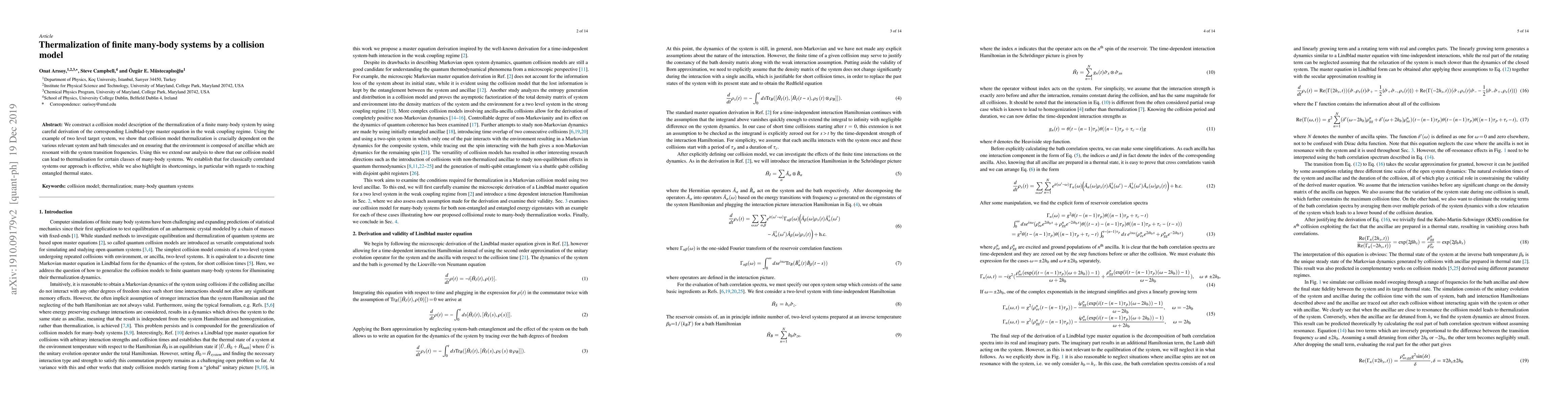 Thumbnail for Thermalization of finite many-body systems by a collision model