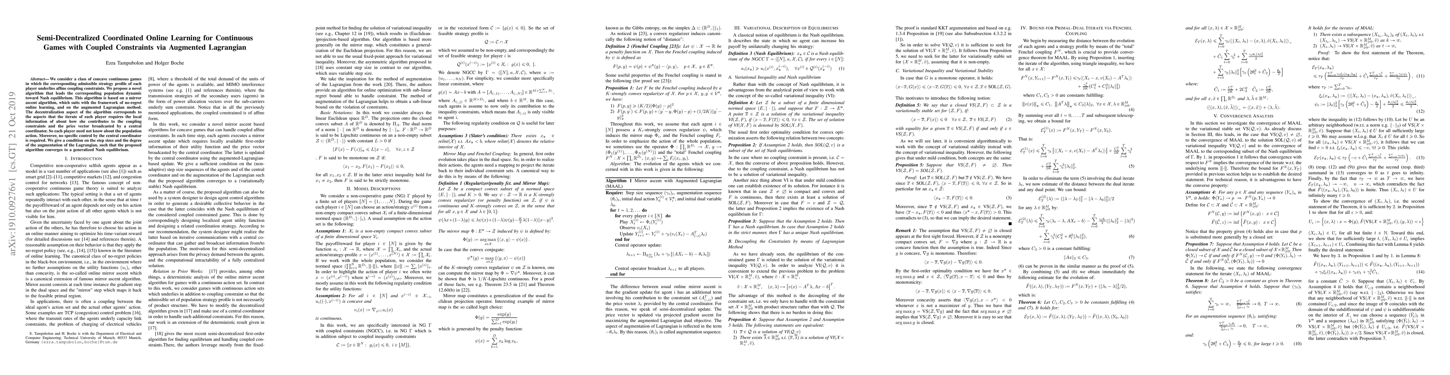 Thumbnail for Semi-Decentralized Coordinated Online Learning for Continuous Games with
  Coupled Constraints via Augmented Lagrangian