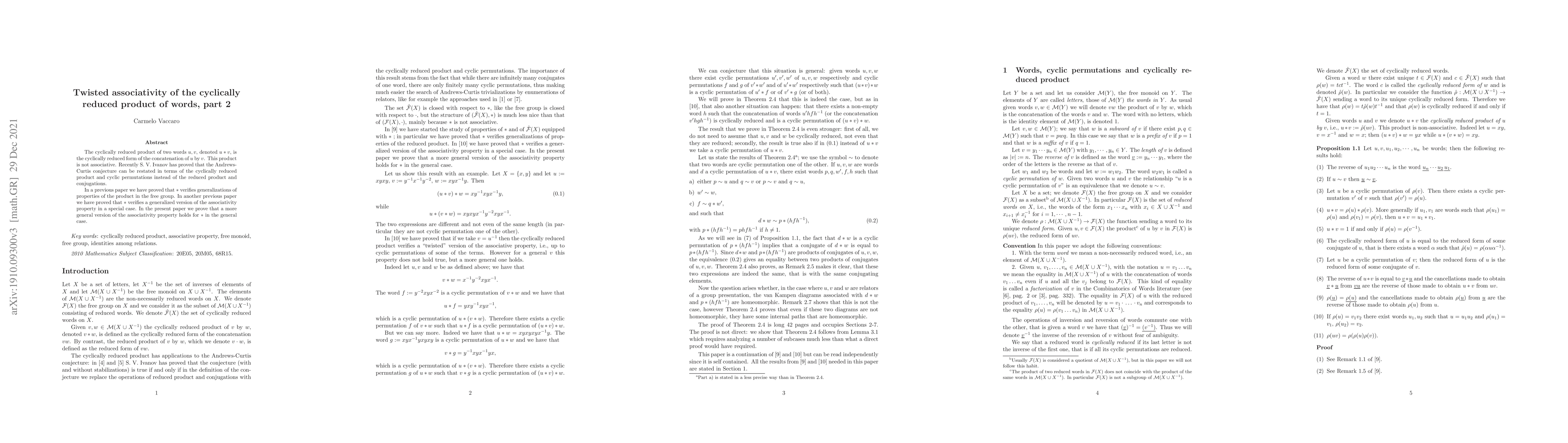 Thumbnail for Twisted associativity of the cyclically reduced product of words, part 2