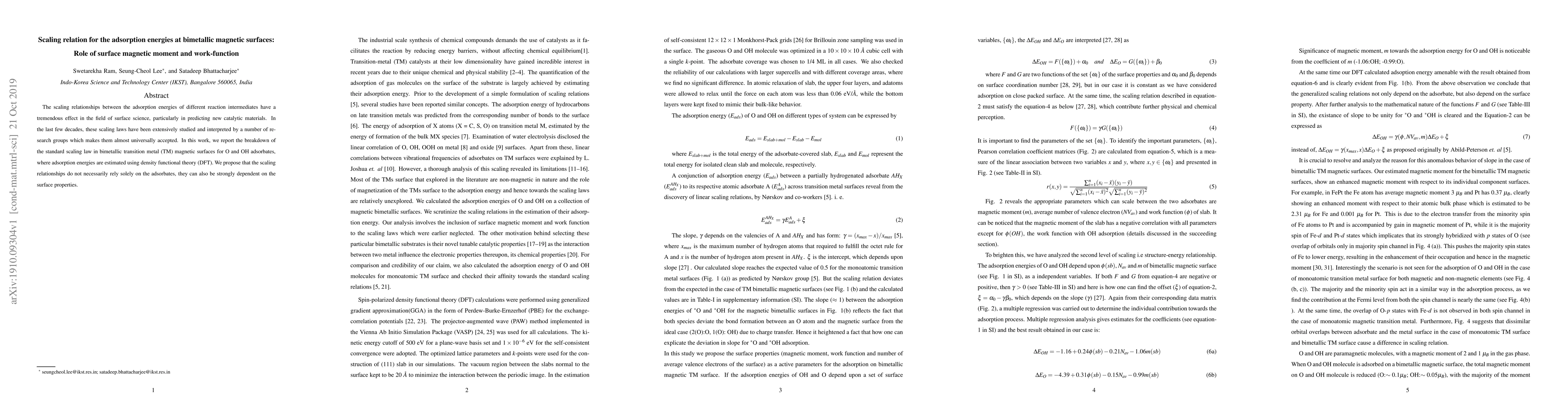 Thumbnail for Scaling relation for the adsorption energies at bimetallic magnetic
  surfaces: Role of surface magnetic moment and work-function