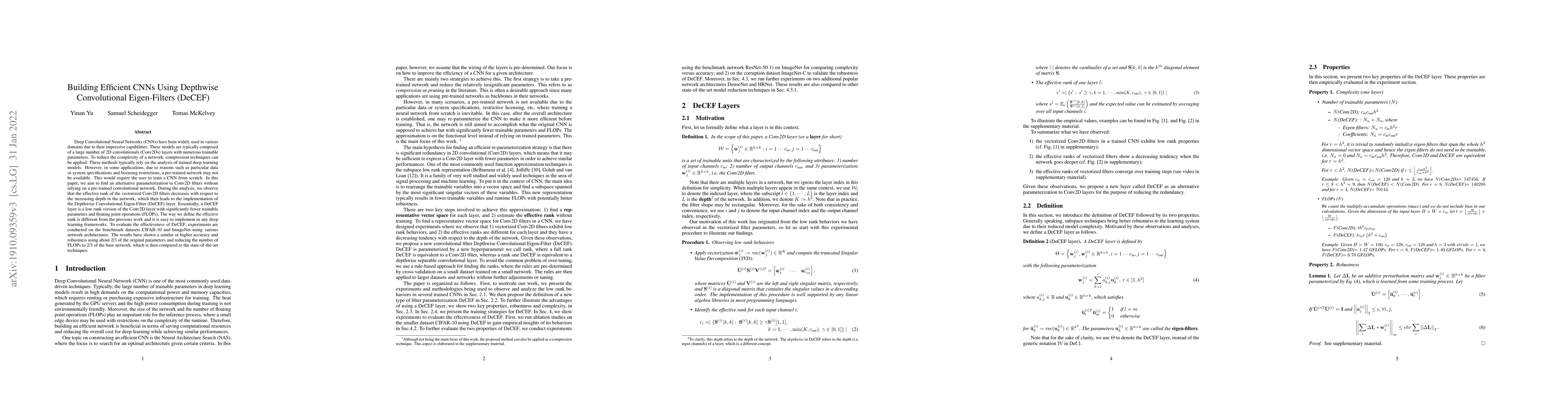 Thumbnail for Building Efficient CNNs Using Depthwise Convolutional Eigen-Filters
  (DeCEF)