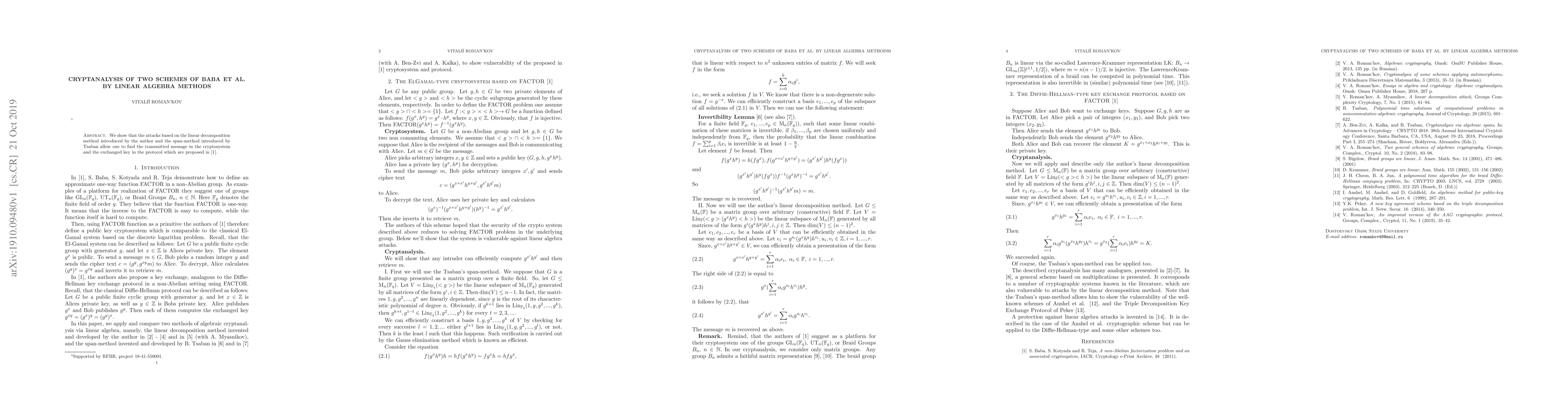 Thumbnail for Cryptanalysis of two schemes of Baba et al. by linear algebra methods
