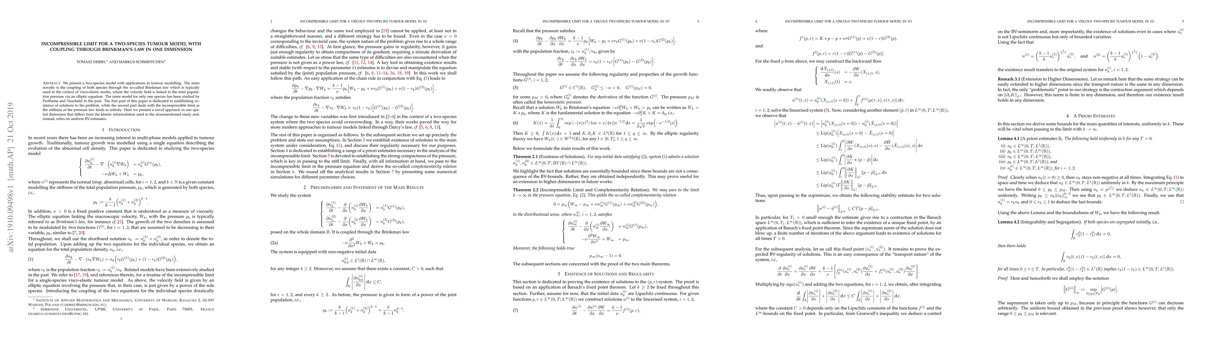 Thumbnail for Incompressible limit for a two-species tumour model with coupling
  through Brinkman's law in one dimension