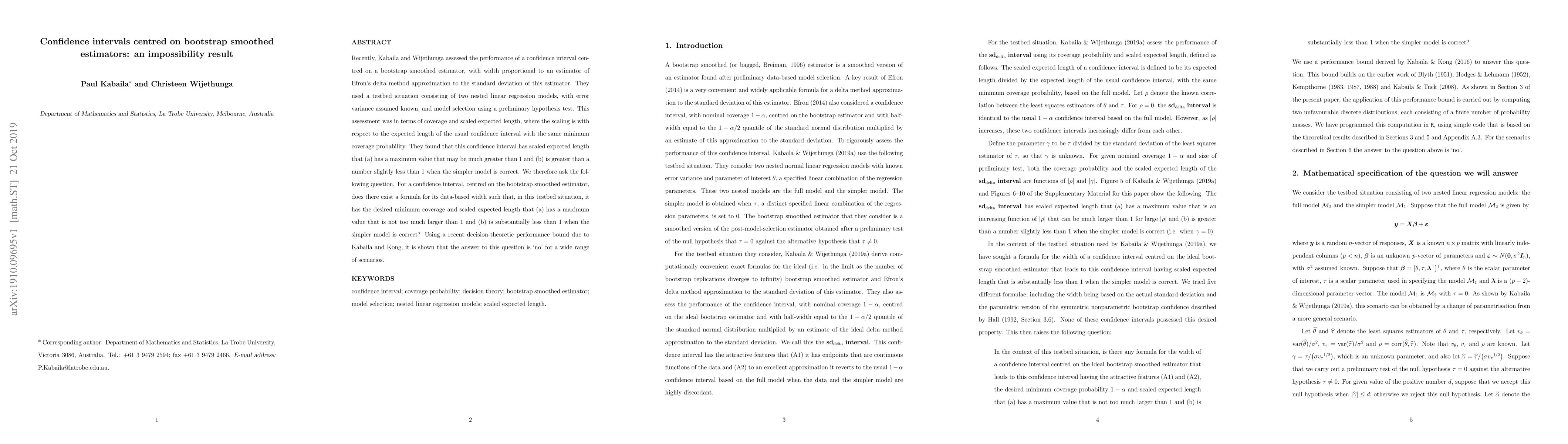 Thumbnail for Confidence intervals centred on bootstrap smoothed estimators: an
  impossibility result