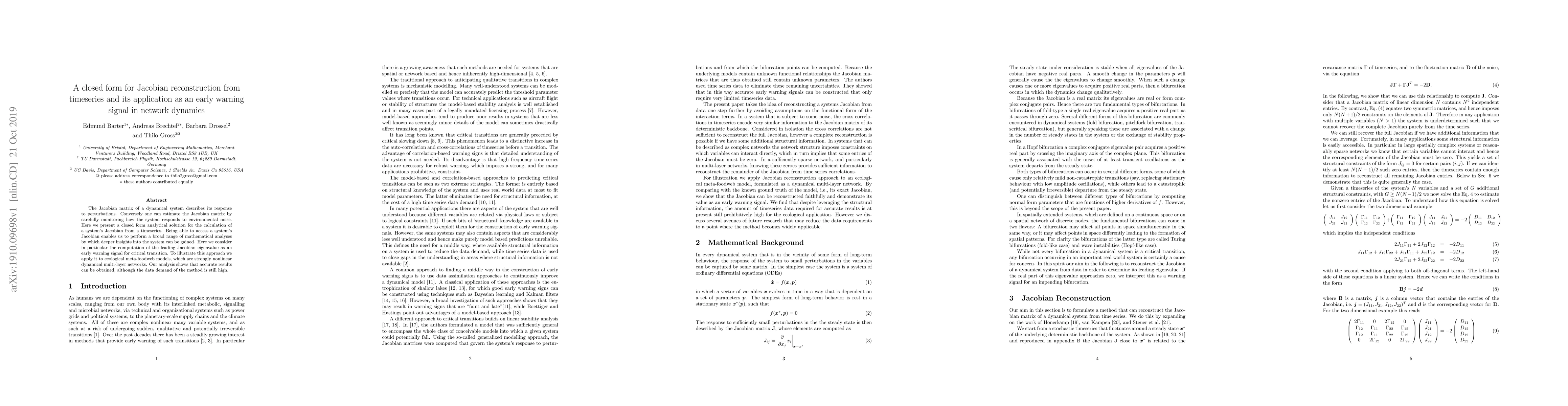 Thumbnail for A closed form for Jacobian reconstruction from timeseries and its
  application as an early warning signal in network dynamics