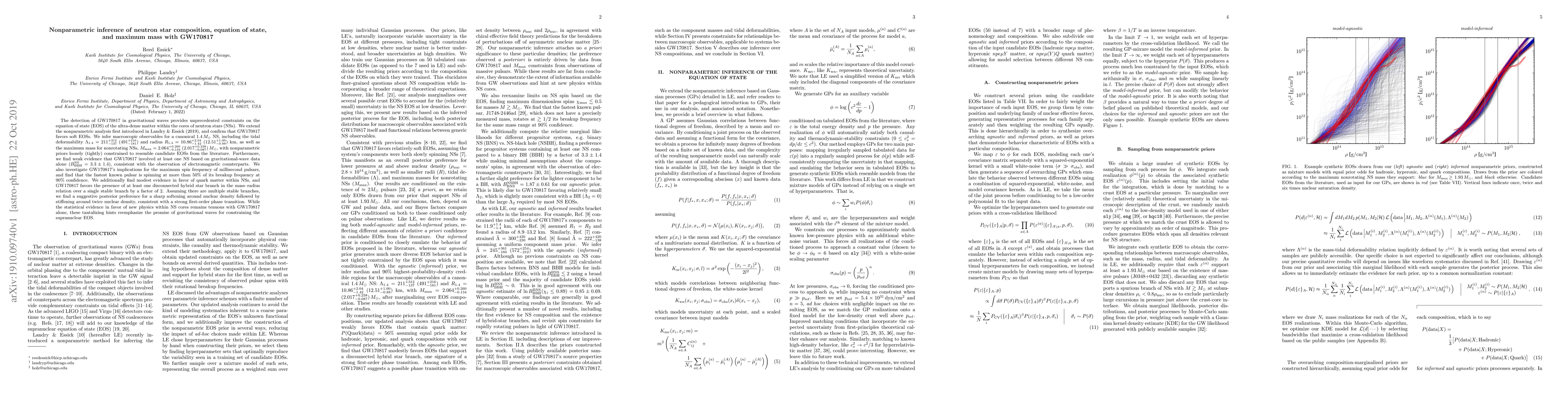 Thumbnail for Nonparametric Inference of Neutron Star Composition, Equation of State,
  and Maximum Mass with GW170817
