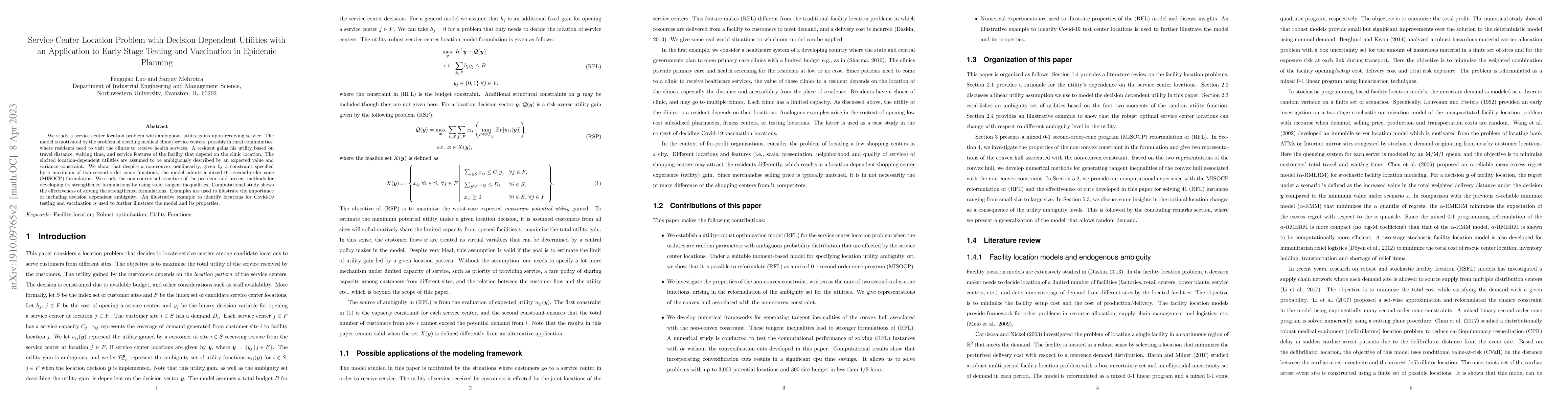 Thumbnail for Service Center Location with Decision Dependent Utilities with an
  Application to Early Stage Testing and Vaccination in Epidemic Planning