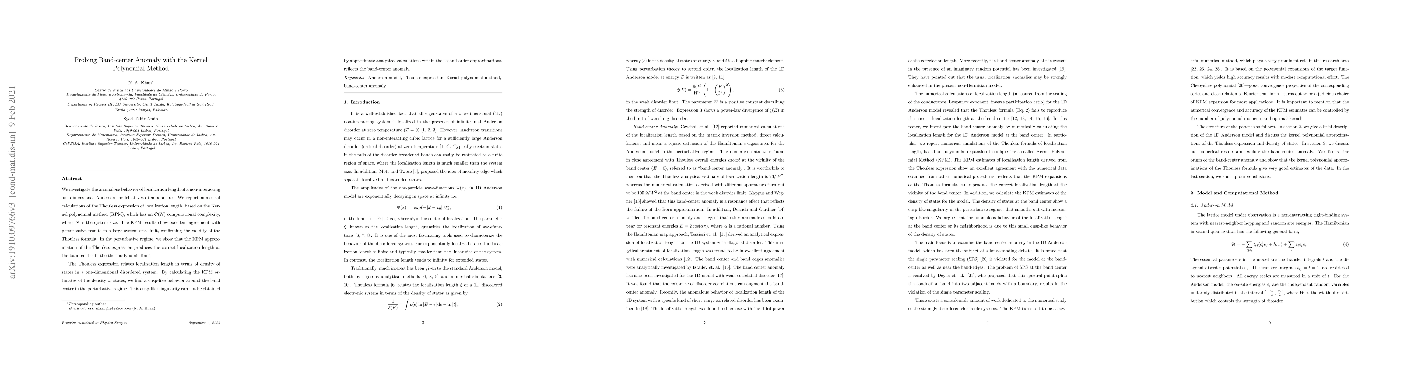 Thumbnail for Probing Band-center Anomaly with the Kernel Polynomial Method