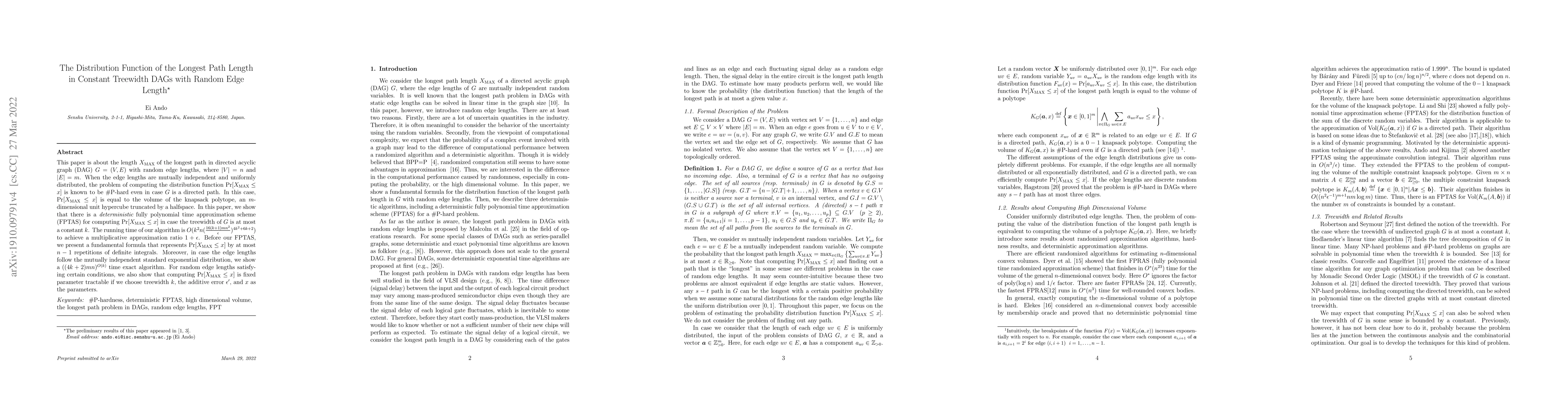Thumbnail for The Distribution Function of the Longest Path Length in Constant
  Treewidth DAGs with Random Edge Length