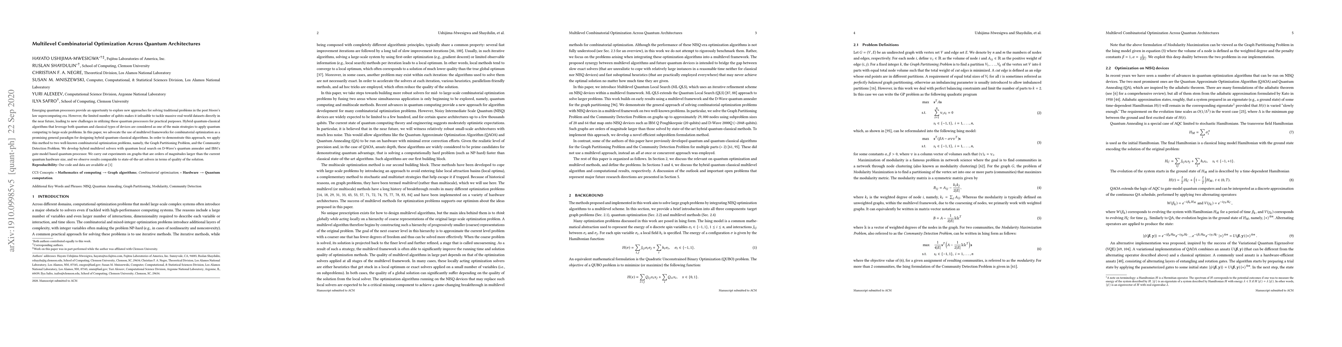 Thumbnail for Multilevel Combinatorial Optimization Across Quantum Architectures