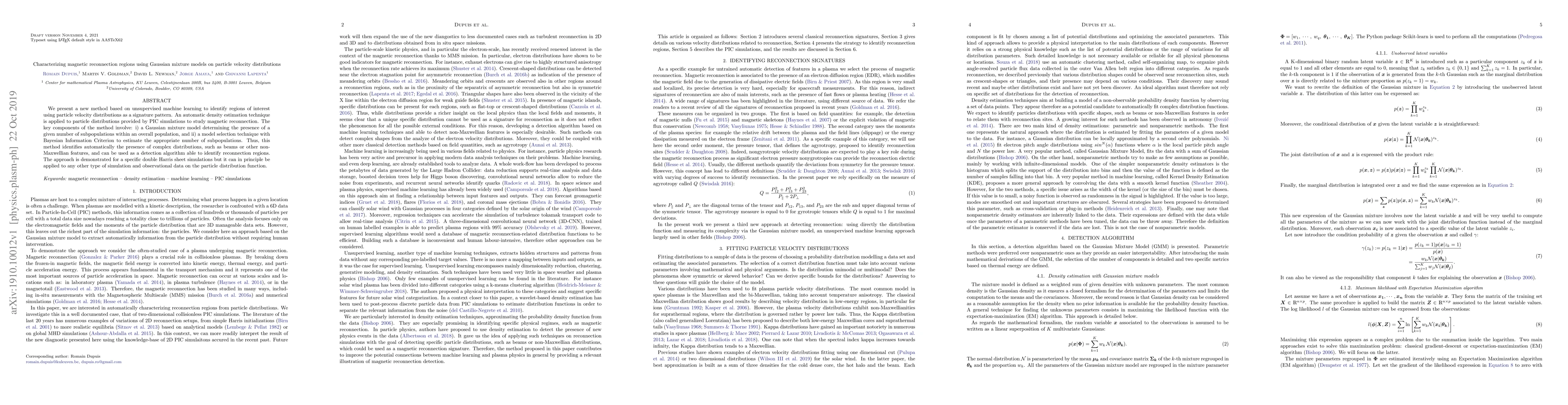 Thumbnail for Characterizing magnetic reconnection regions using Gaussian mixture
  models on particle velocity distributions
