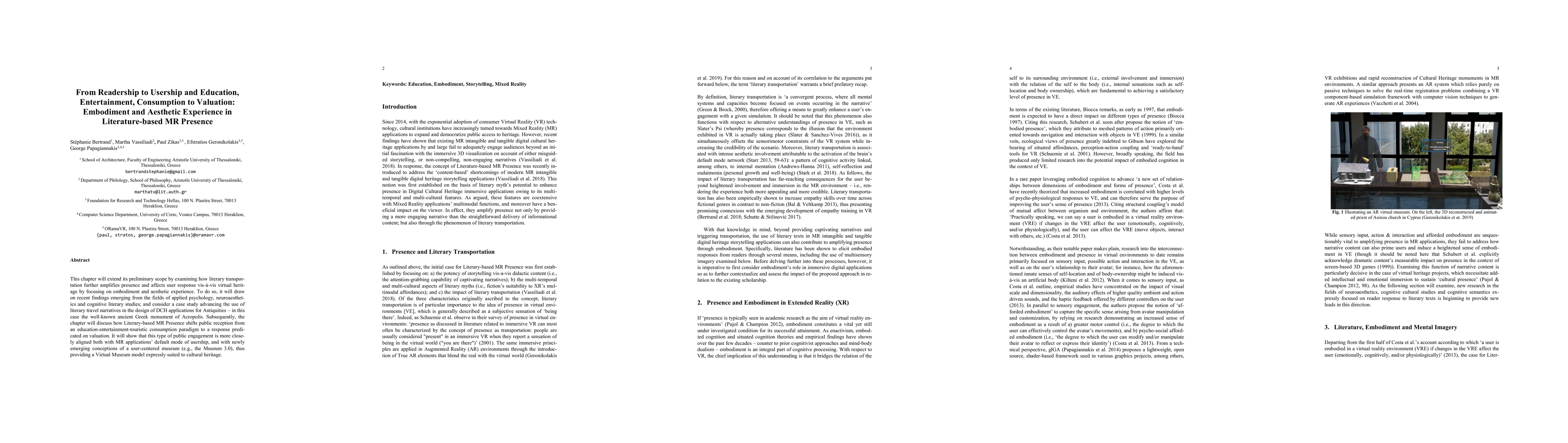 Thumbnail for From Readership to Usership and Education, Entertainment, Consumption to
  Valuation: Embodiment and Aesthetic Experience in Literature-based MR
  Presence