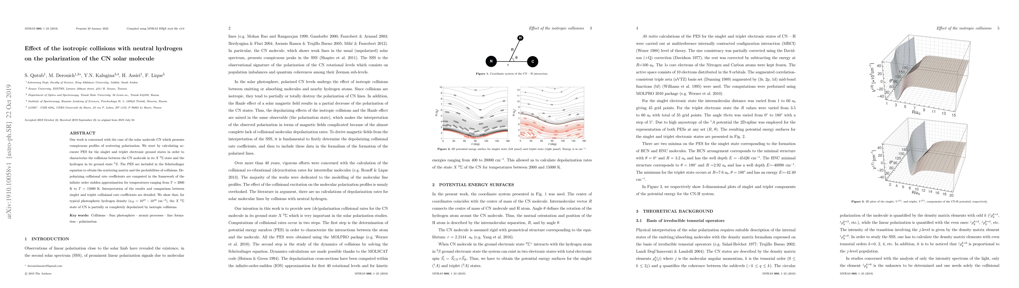 Thumbnail for Effect of the isotropic collisions with neutral hydrogen on the
  polarization of the CN solar molecule