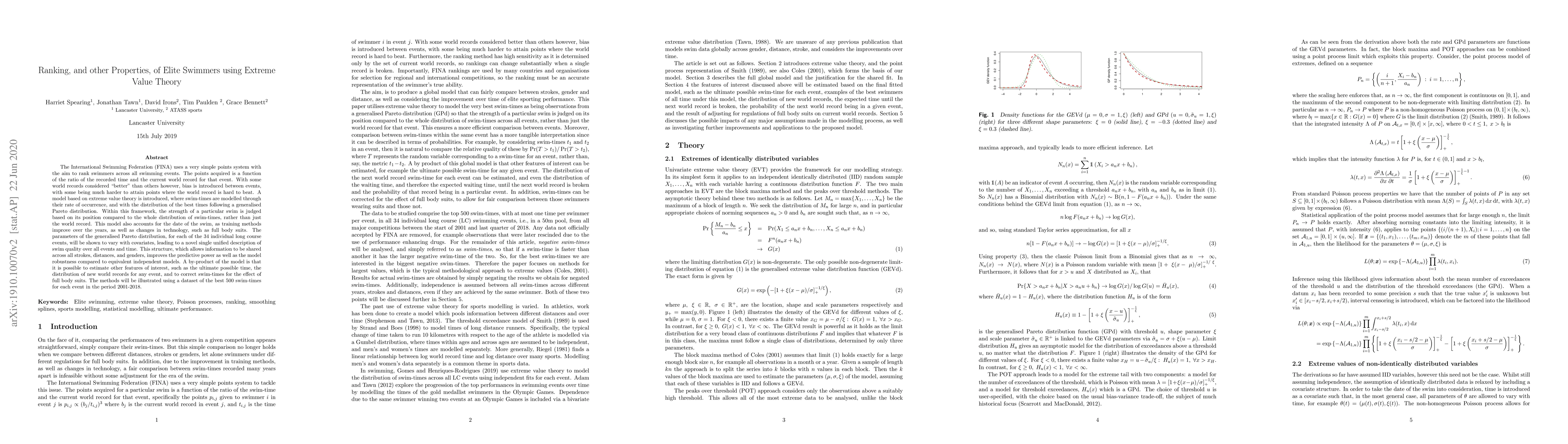 Thumbnail for Ranking, and other Properties, of Elite Swimmers using Extreme Value
  Theory