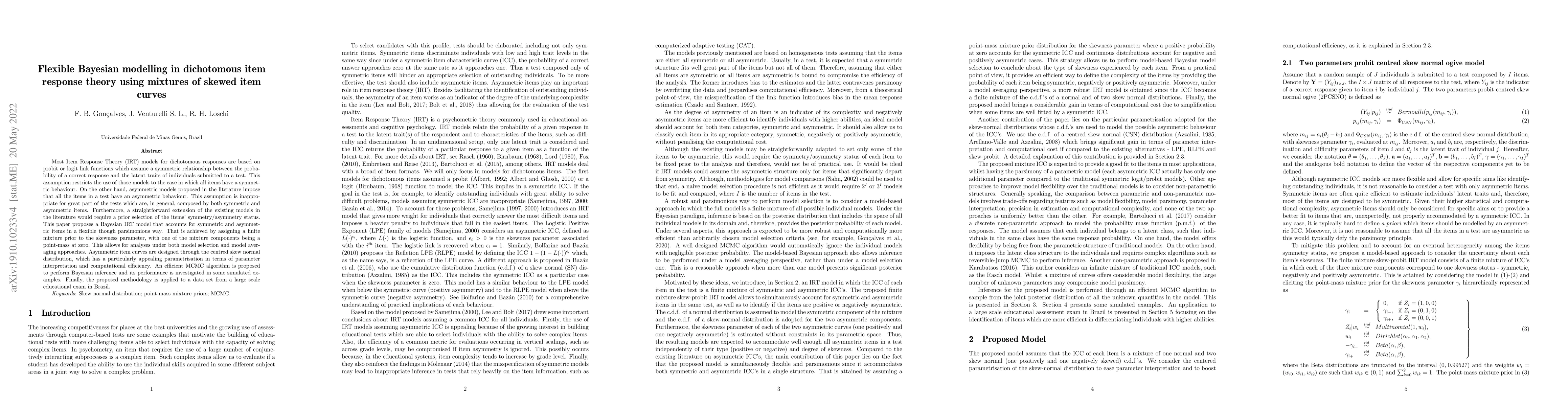 Thumbnail for Flexible Bayesian modelling in dichotomous item response theory using
  mixtures of skewed item curves