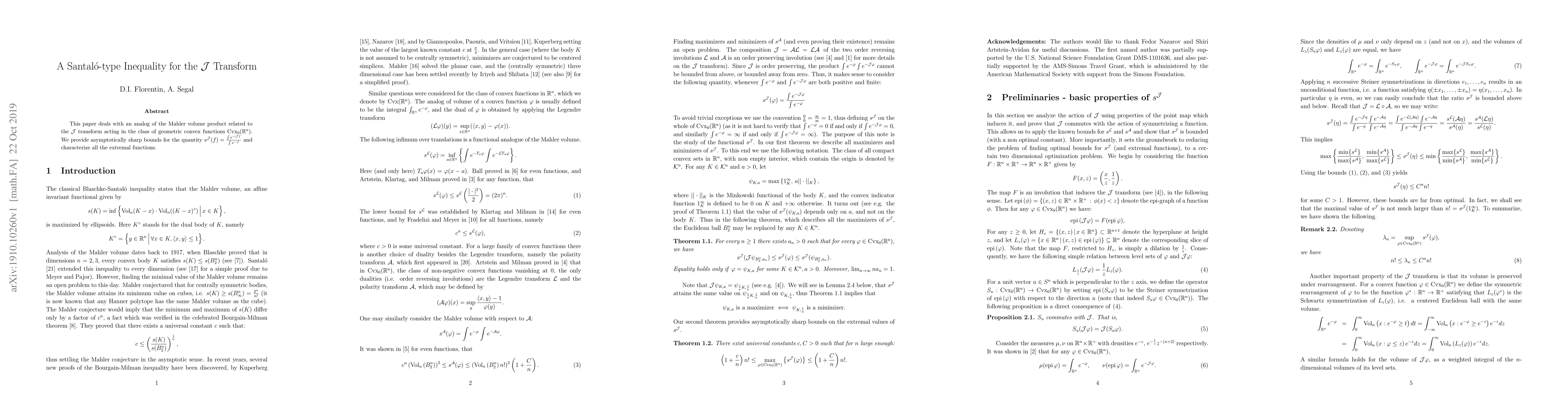 Thumbnail for A Santal\'{o}-type Inequality for the ${\cal J}$ Transform