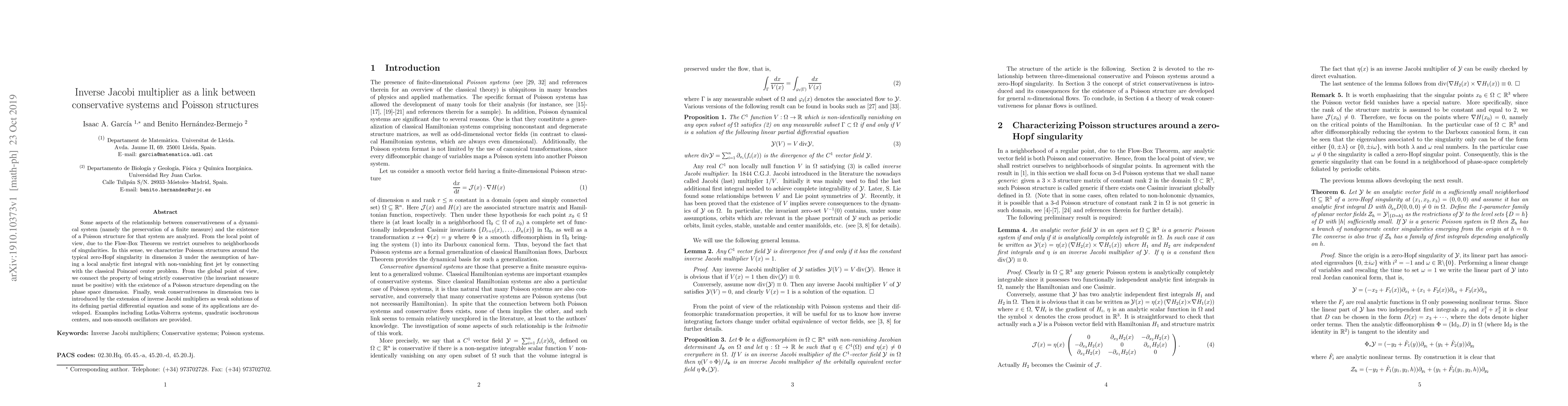Thumbnail for Inverse Jacobi multiplier as a link between conservative systems and
  Poisson structures