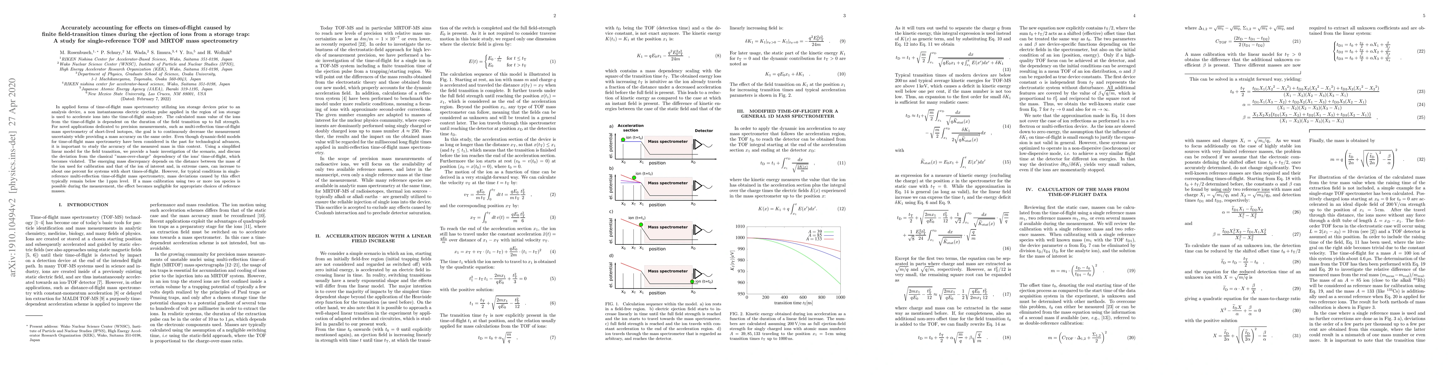 Thumbnail for Accurately accounting for effects on times-of-flight caused by finite
  field-transition times during the ejection of ions from a storage trap: A
  study for TOF and MRTOF mass spectrometry