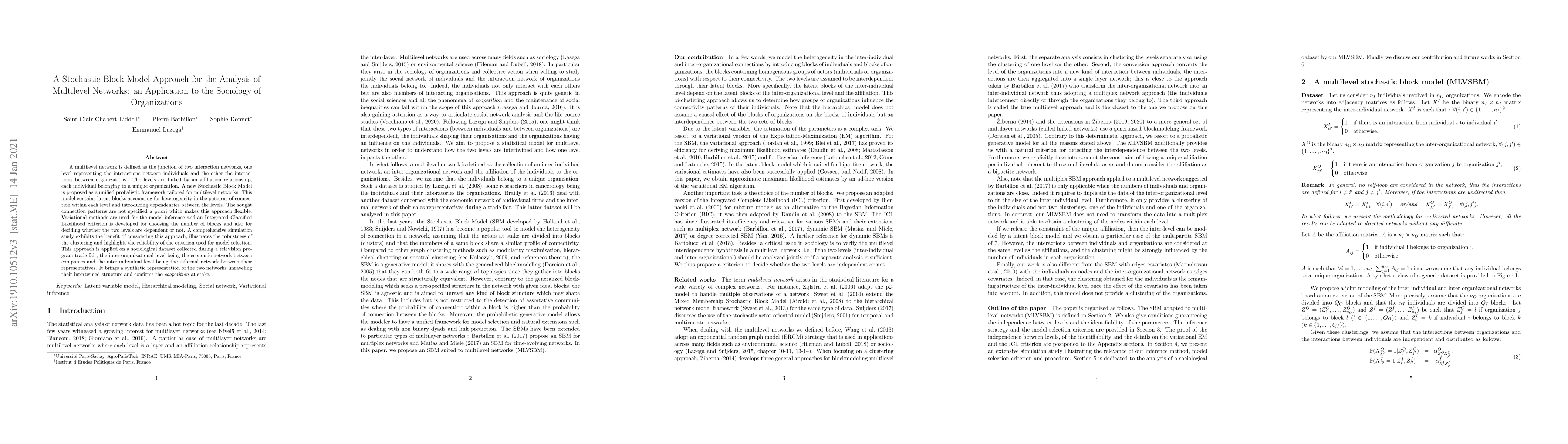Thumbnail for A Stochastic Block Model Approach for the Analysis of Multilevel
  Networks: an Application to the Sociology of Organizations