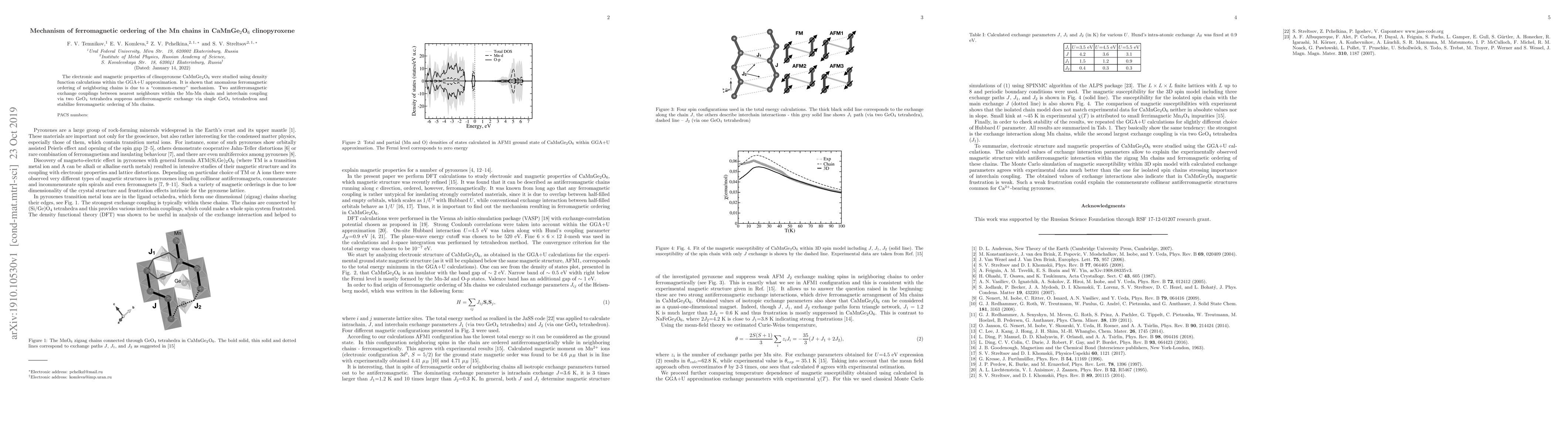 Thumbnail for Mechanism of ferromagnetic ordering of the Mn chains in CaMnGe$_2$O$_6$
  clinopyroxene