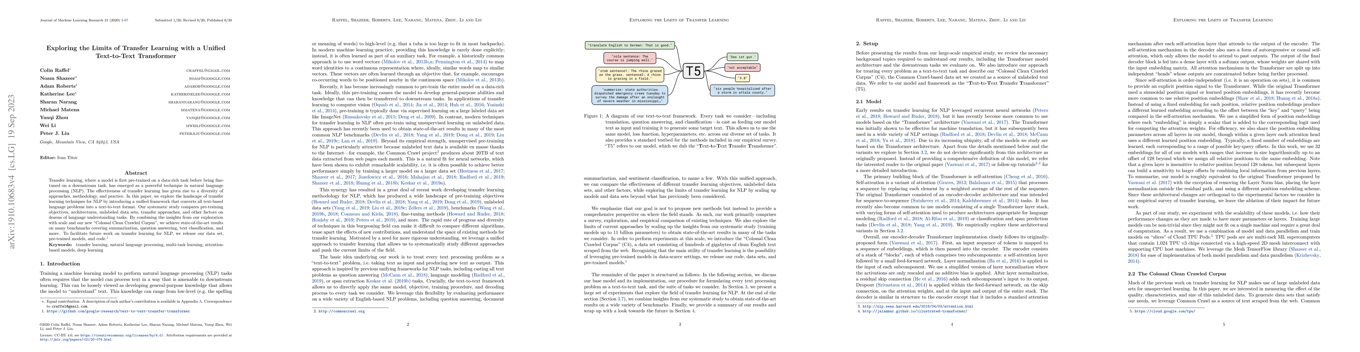 Thumbnail for Exploring the Limits of Transfer Learning with a Unified Text-to-Text
  Transformer