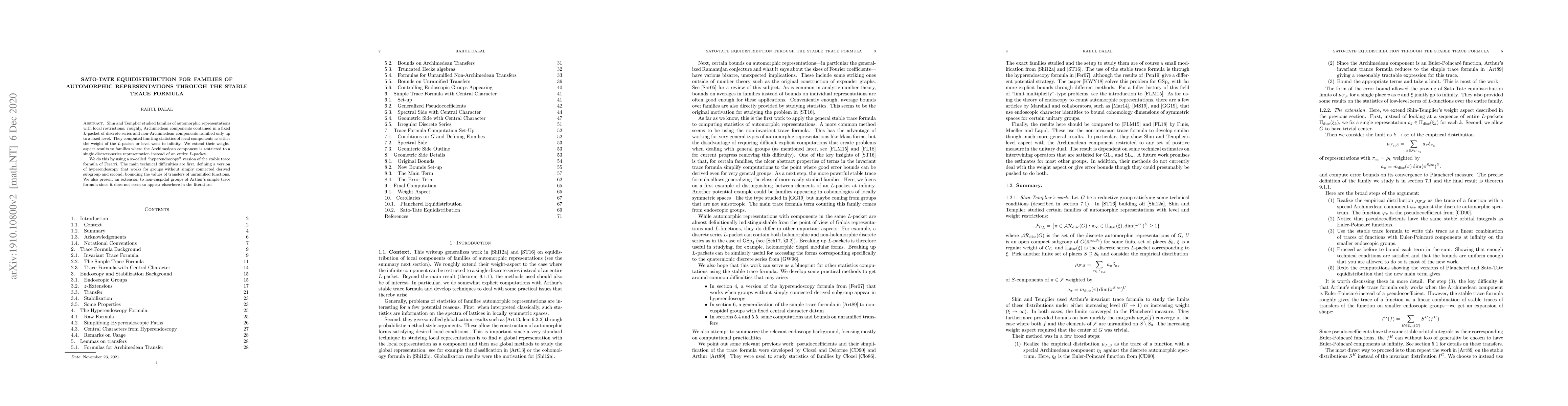 Thumbnail for Sato-Tate Equidistribution for Families of Automorphic Representations
  through the Stable Trace Formula