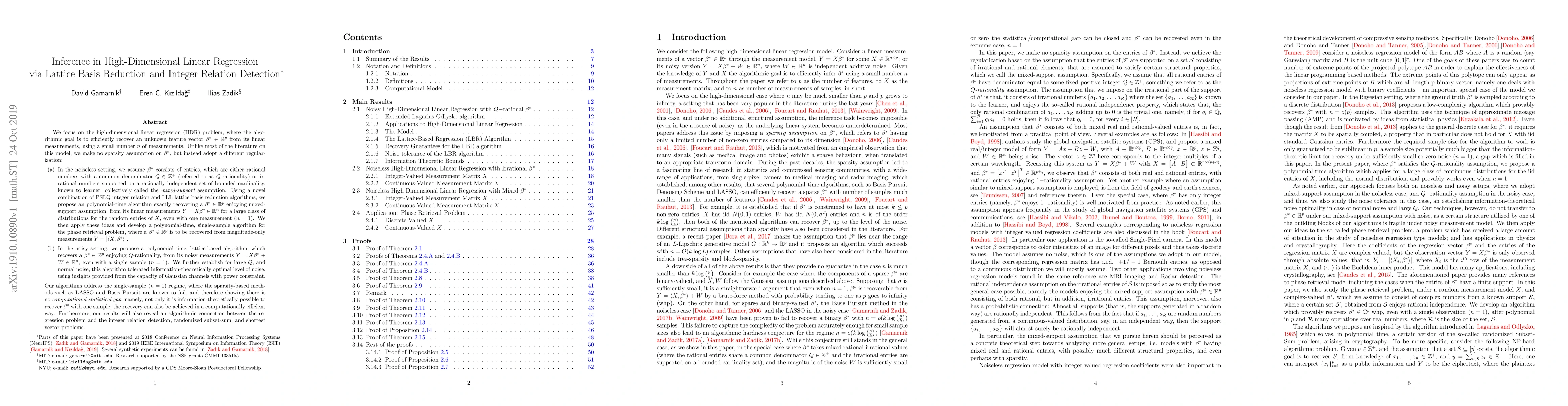 Thumbnail for Inference in High-Dimensional Linear Regression via Lattice Basis
  Reduction and Integer Relation Detection