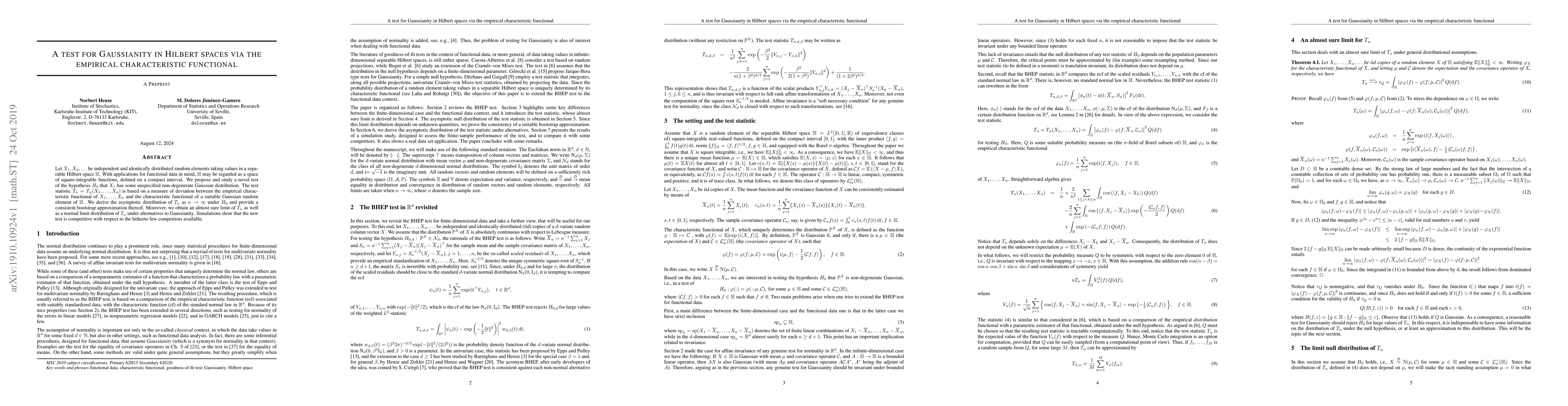 Thumbnail for A test for Gaussianity in Hilbert spaces via the empirical
  characteristic functional