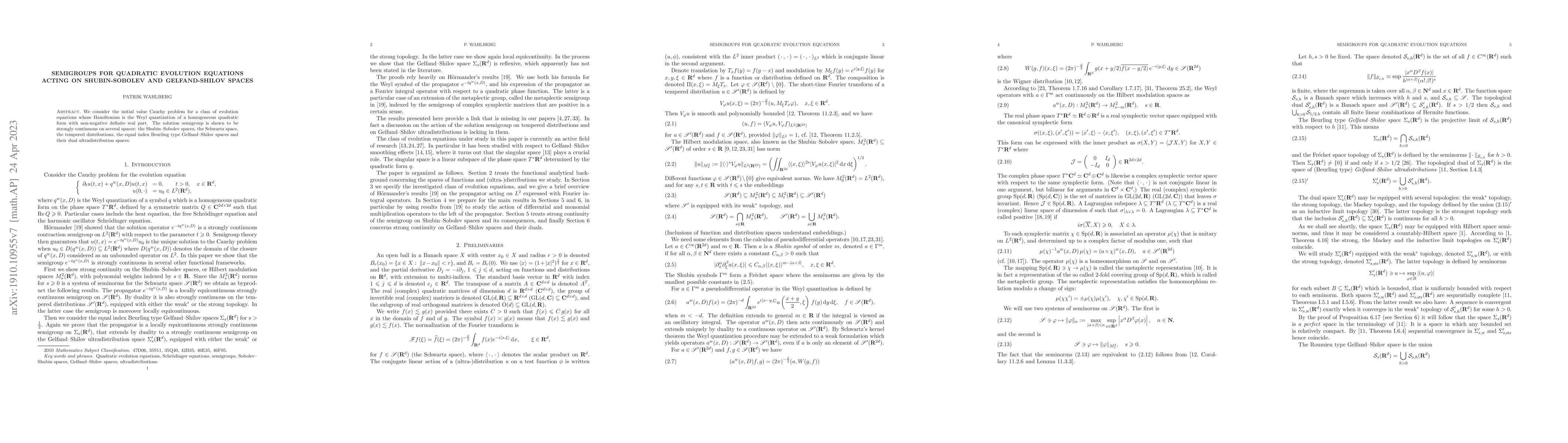 Thumbnail for Semigroups for quadratic evolution equations acting on Shubin-Sobolev
  and Gelfand-Shilov spaces