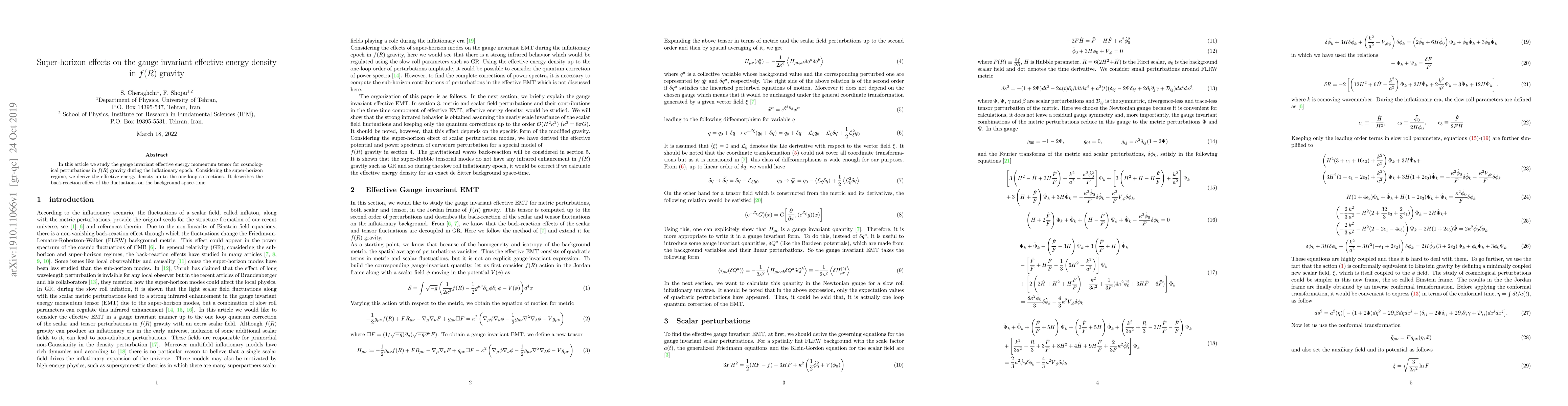 Thumbnail for Super-horizon effects on the gauge invariant effective energy density in
  f(R) gravity