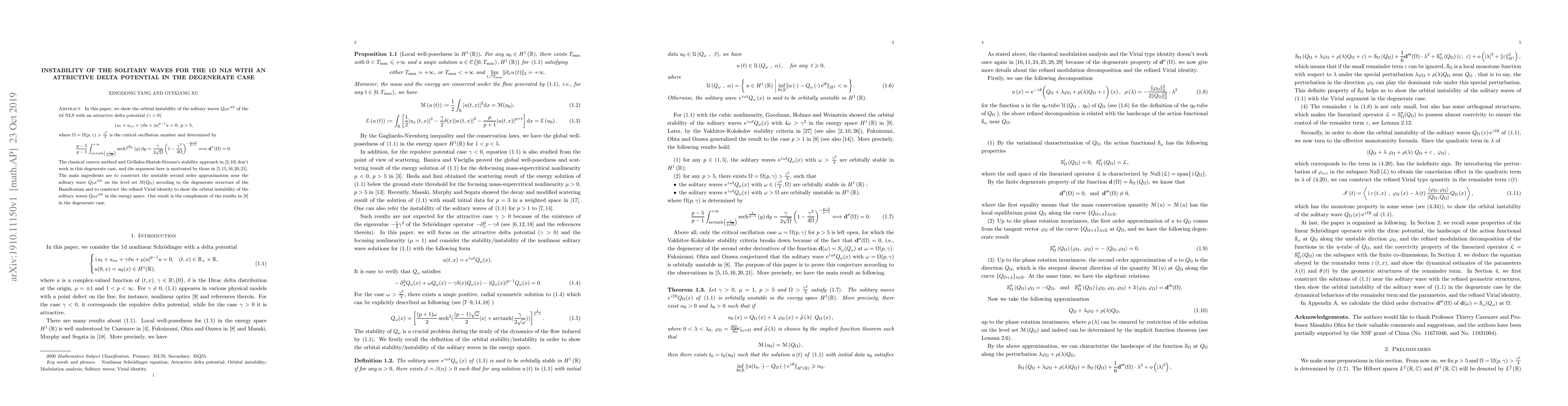 Thumbnail for Instability of the solitary waves for the 1d NLS with an attrictive
  delta potential in the degenerate case