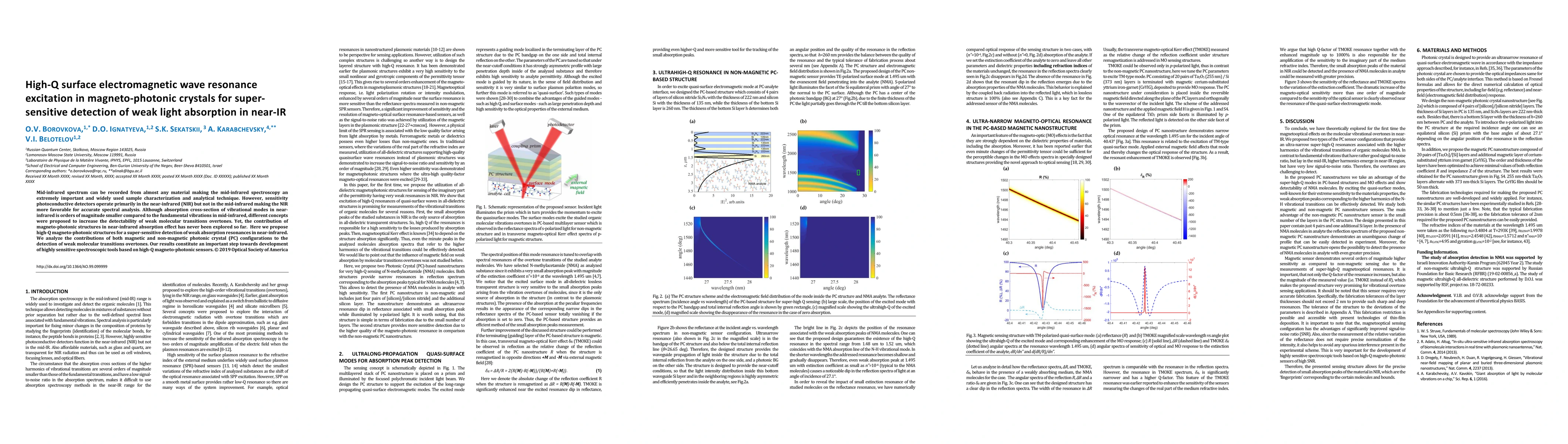 Thumbnail for High-Q surface electromagnetic wave resonance excitation in
  magneto-photonic crystals for super-sensitive detection of weak light
  absorption in near-IR