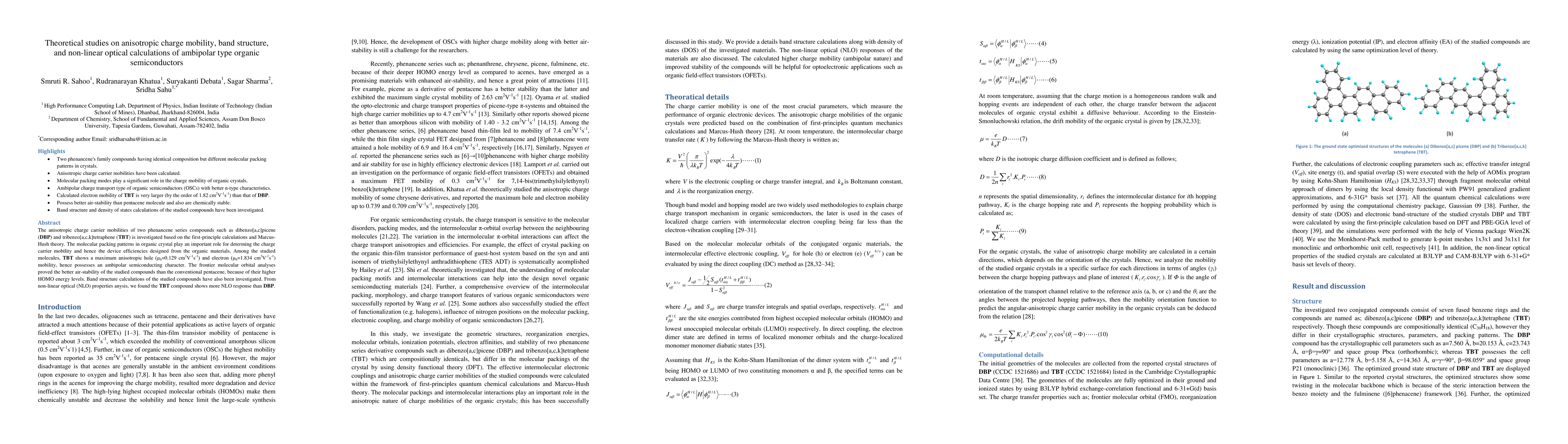 Thumbnail for Theoretical studies on anisotropic charge mobility, band structure, and
  non-linear optical calculations of ambipolar type organic semiconductors