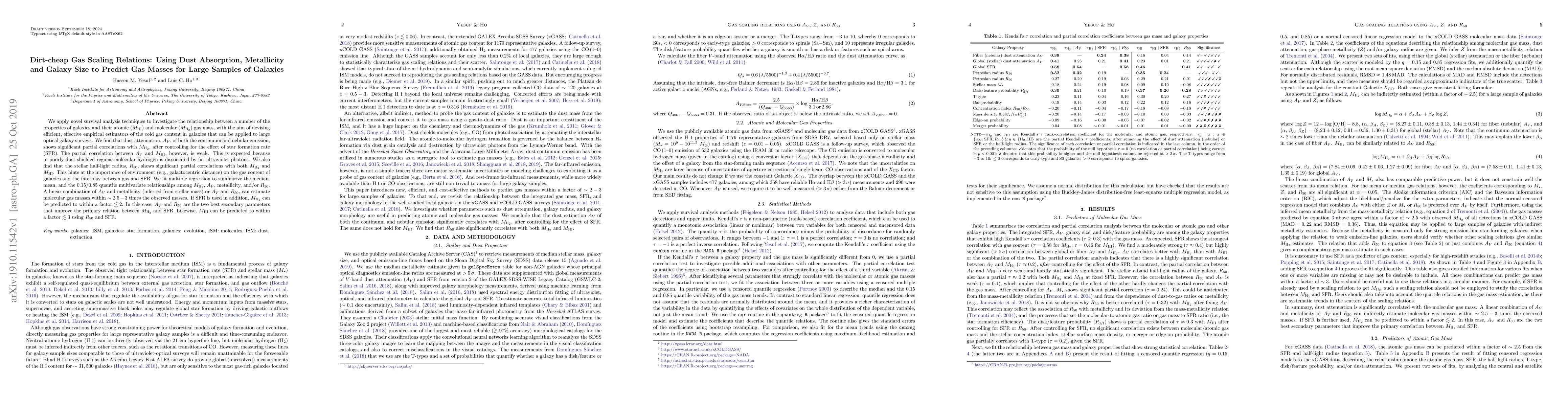 Thumbnail for Dirt-cheap Gas Scaling Relations: Using Dust Absorption, Metallicity and
  Galaxy Size to Predict Gas Masses for Large Samples of Galaxies