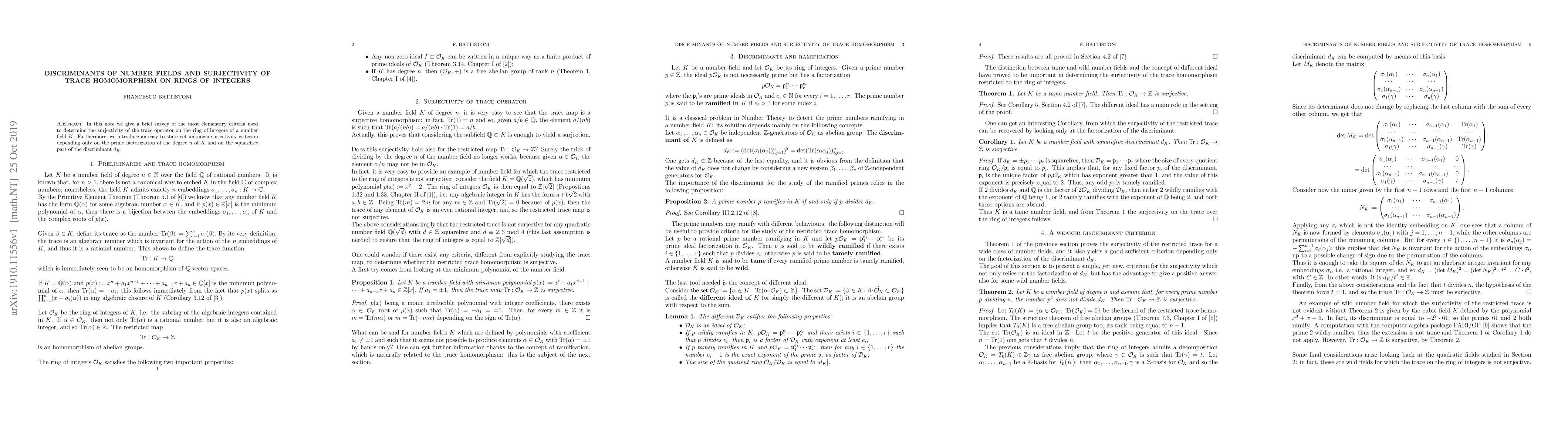Thumbnail for Discriminants of number fields and surjectivty of trace homomorphism on
  rings of integers