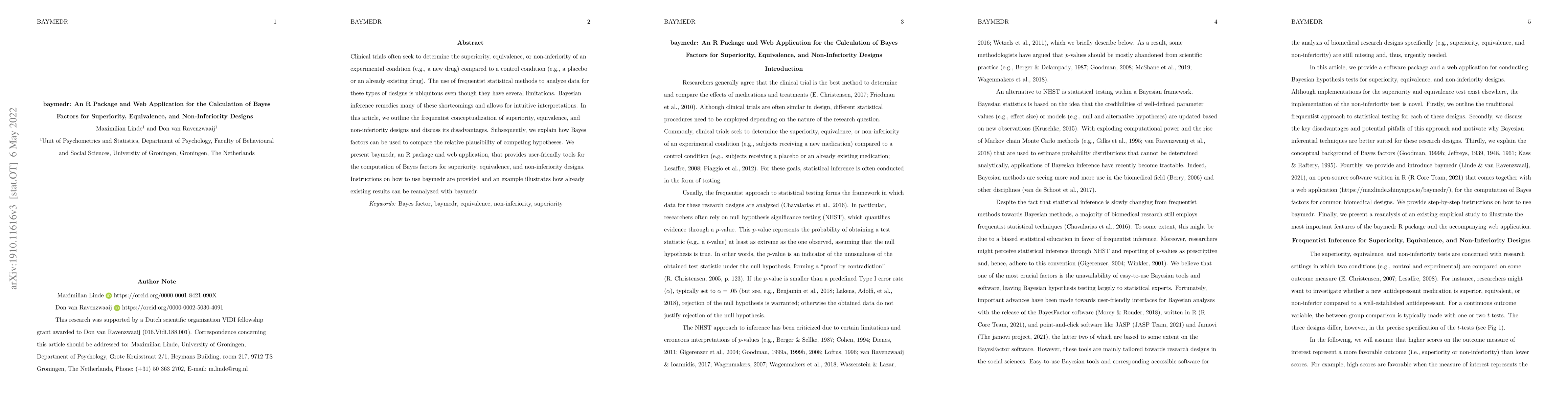 Thumbnail for baymedr: An R Package and Web Application for the Calculation of Bayes
  Factors for Superiority, Equivalence, and Non-Inferiority Designs