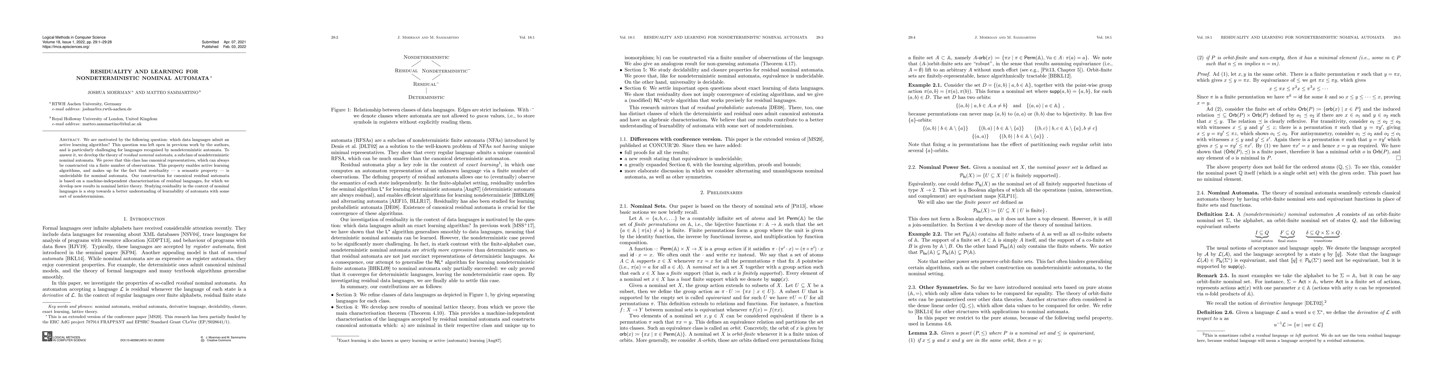 Thumbnail for Residuality and Learning for Nondeterministic Nominal Automata