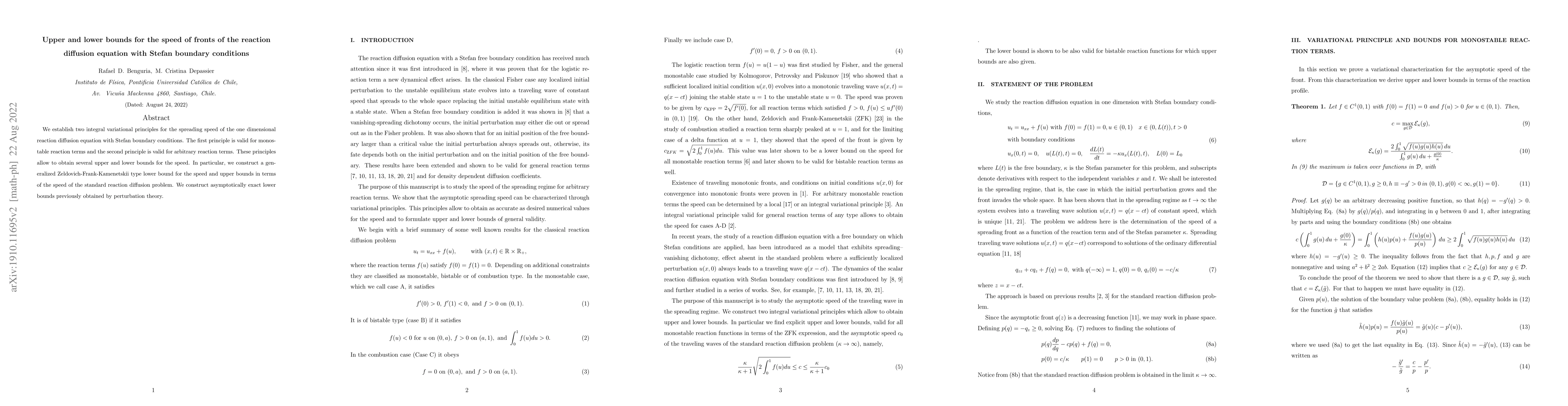 Thumbnail for Upper and lower bounds for the speed of fronts of the reaction diffusion
  equation with Stefan boundary conditions