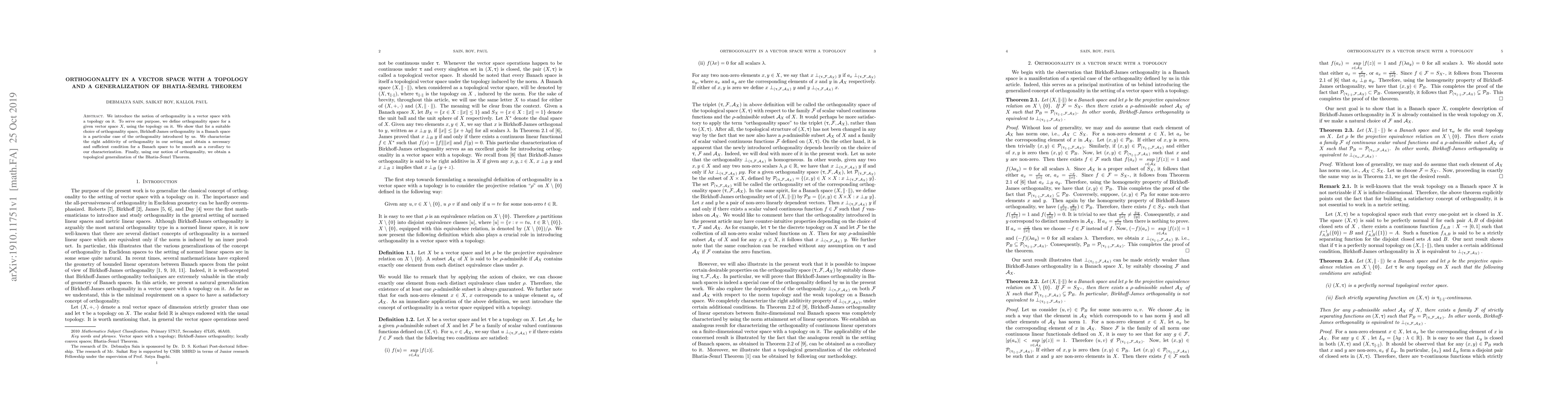 Thumbnail for Orthogonality in a vector space with a topology And a generalization of
  Bhatia-Semrl Theorem