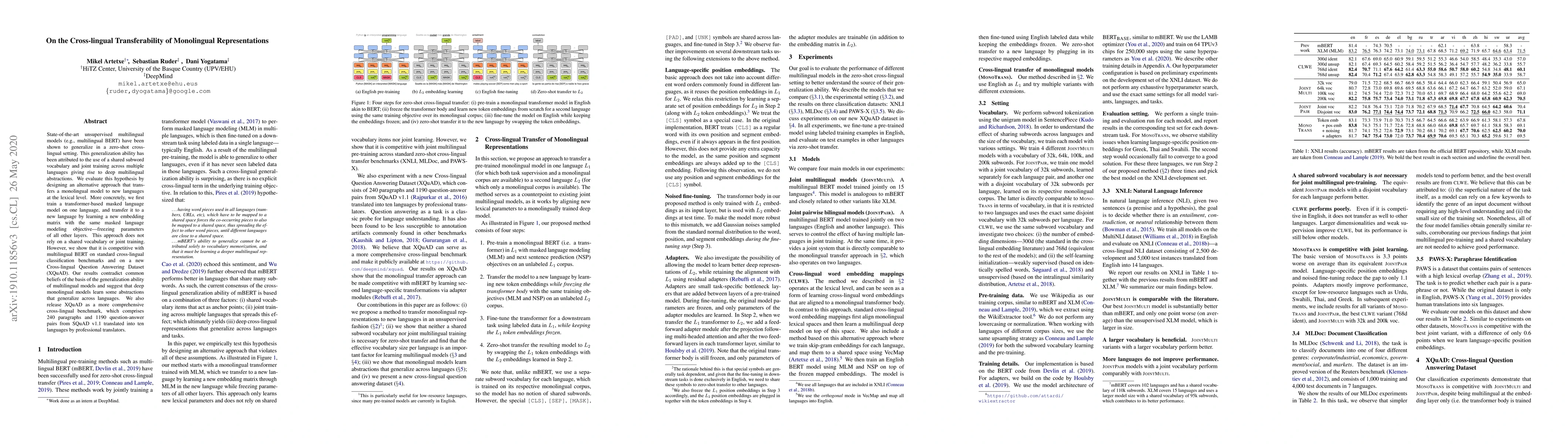 Thumbnail for On the Cross-lingual Transferability of Monolingual Representations