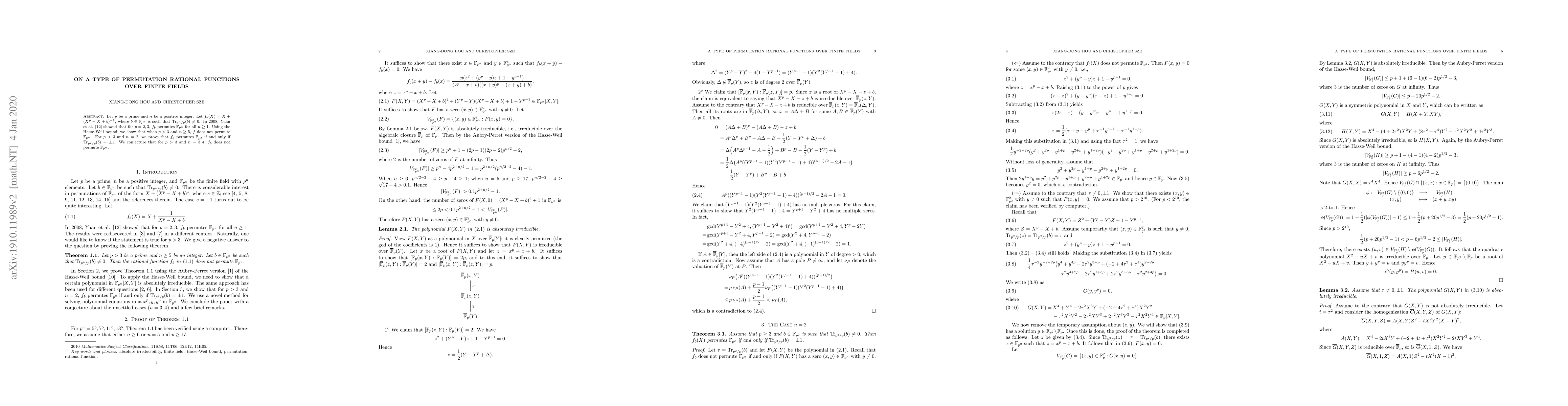 Thumbnail for On a Type of Permutation Rational Functions over Finite Fields