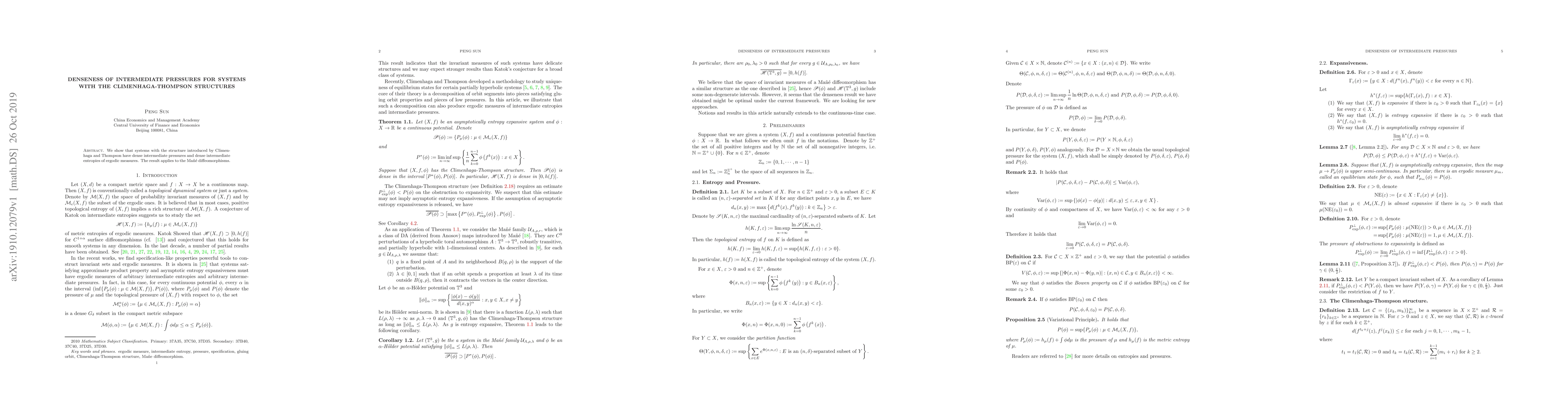 Thumbnail for Denseness of intermediate pressures for systems with the
  Climenhaga-Thompson structures