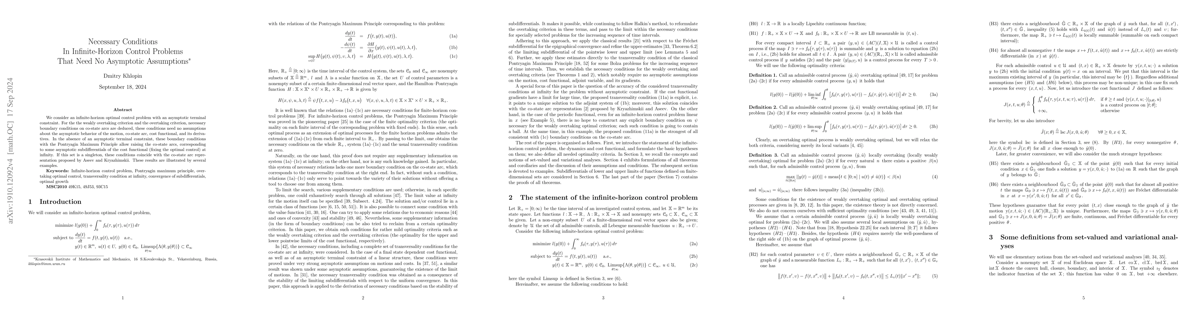 Thumbnail for Necessary Conditions In Infinite-Horizon Control Problem That Need No
  Asymptotic Assumptions