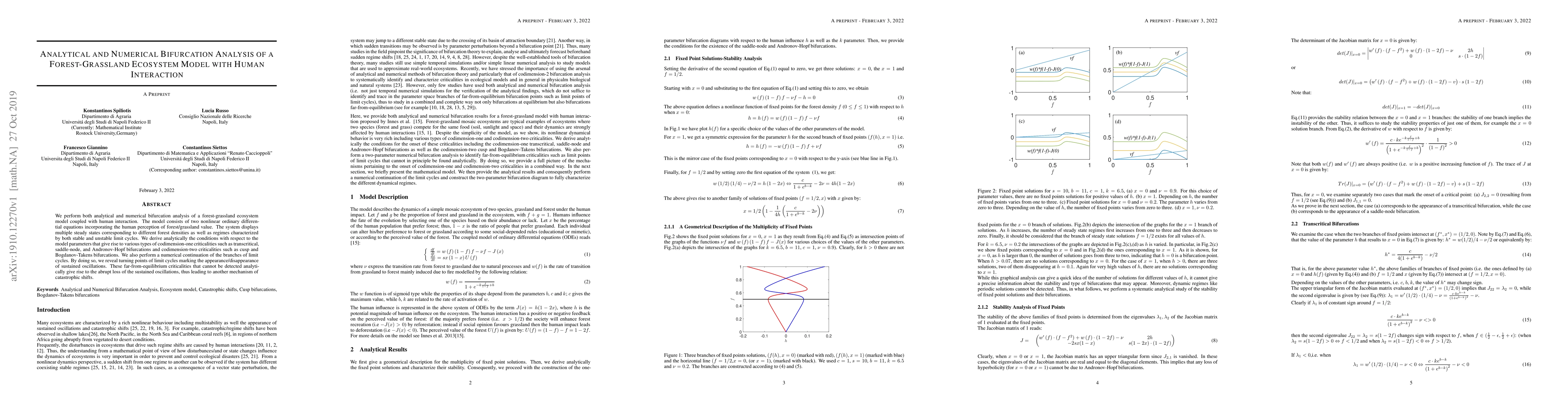 Thumbnail for Analytical and Numerical Bifurcation Analysis of a Forest-Grassland
  Ecosystem Model with Human Interaction
